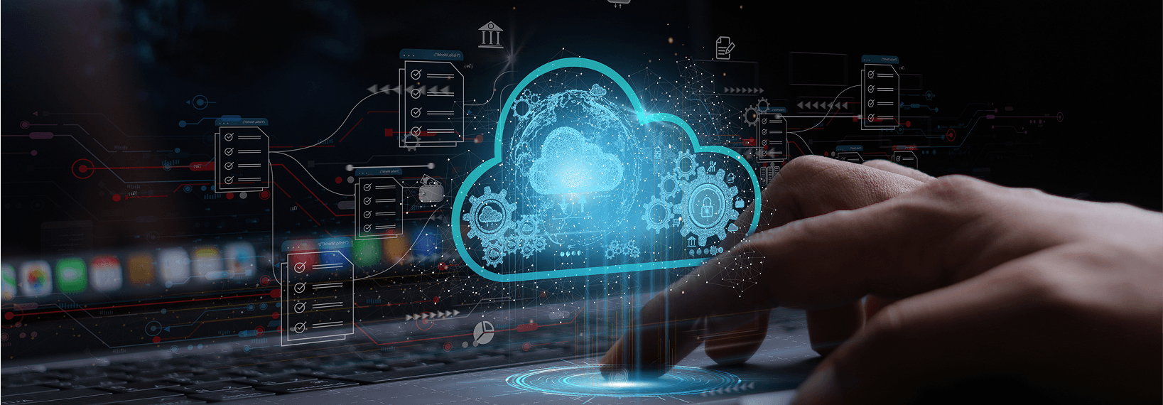 Digital cloud infrastructure visualization with glowing blue cloud icon