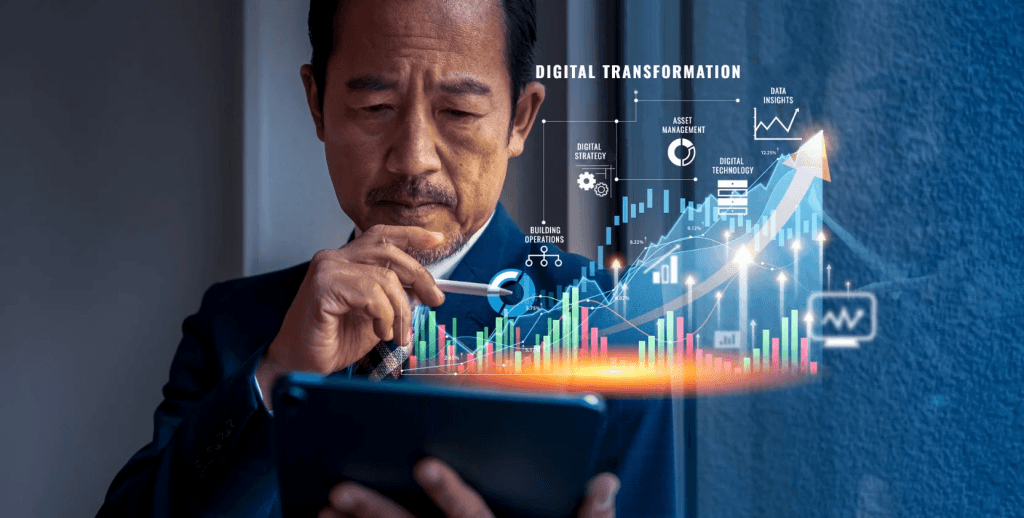A business manager calculating returns after implementing a successful digital transformation strategy