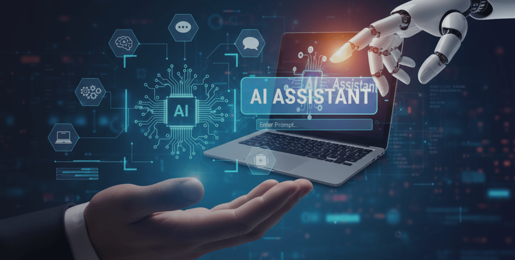 AI Copilot assists a user through a digital interface with a robotic hand operating a laptop, symbolizing intelligent automation and human-machine collaboration.