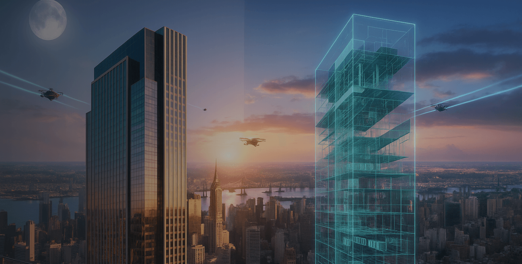 A futuristic city skyline at sunset showcasing digital twin technology, with a real skyscraper mirrored by a transparent virtual twin structure, symbolizing smart building innovation and real-time data integration.