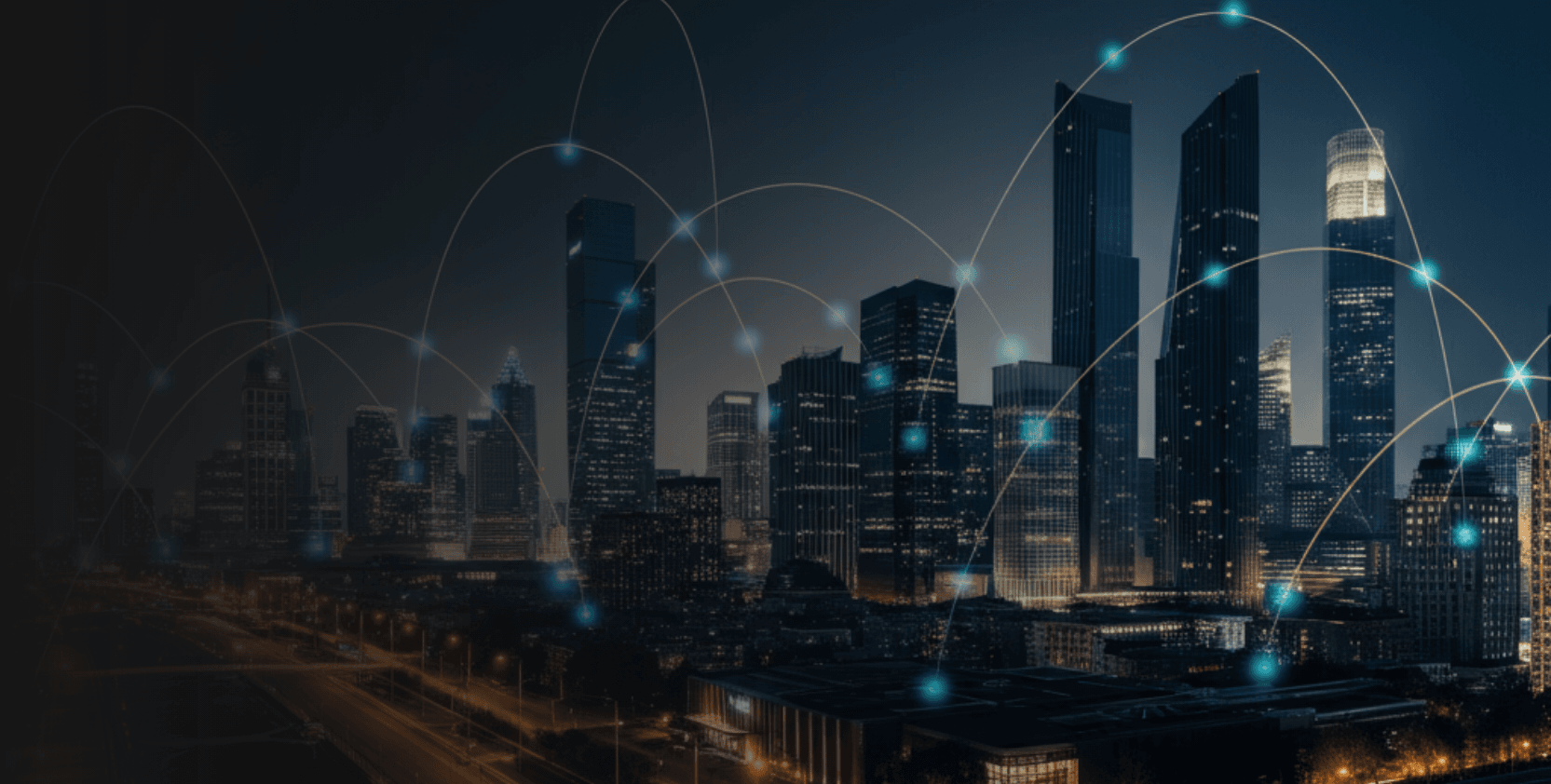 Futuristic cityscape with glowing network lines symbolizing secure vendor connectivity and digital transformation