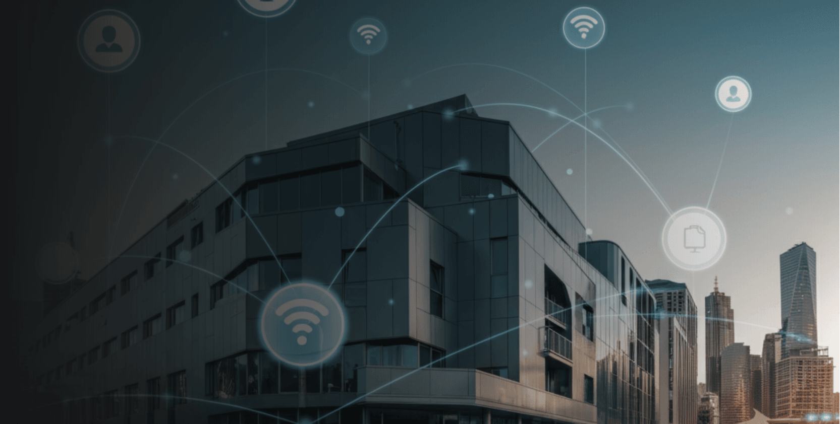 Smart building with device management visualized through glowing digital connections, representing seamless IoT integration in a modern urban environment.