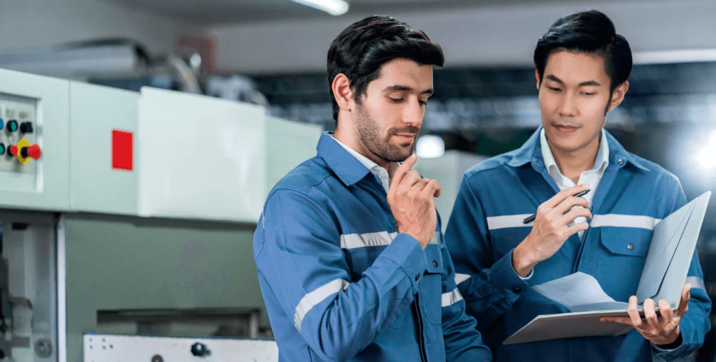 Professionals having discussion as a part of reliability-centered maintenance management.